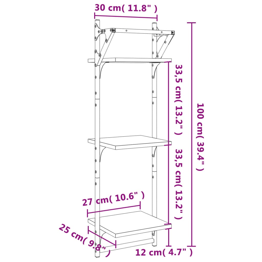 2 db 3 szintes szürke sonoma fali polc rúddal 30 x 25 x 100 cm