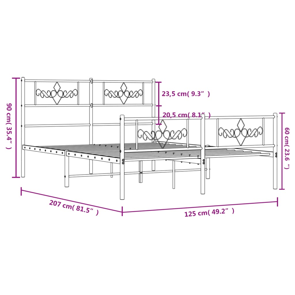 fekete fém ágykeret fej- és lábtámlával 120 x 200 cm