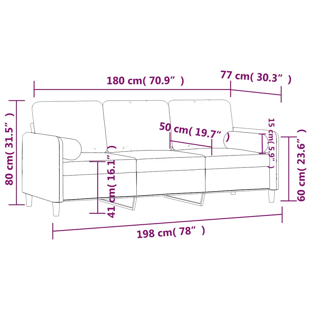3 személyes barna bársony kanapé díszpárnákkal 180 cm