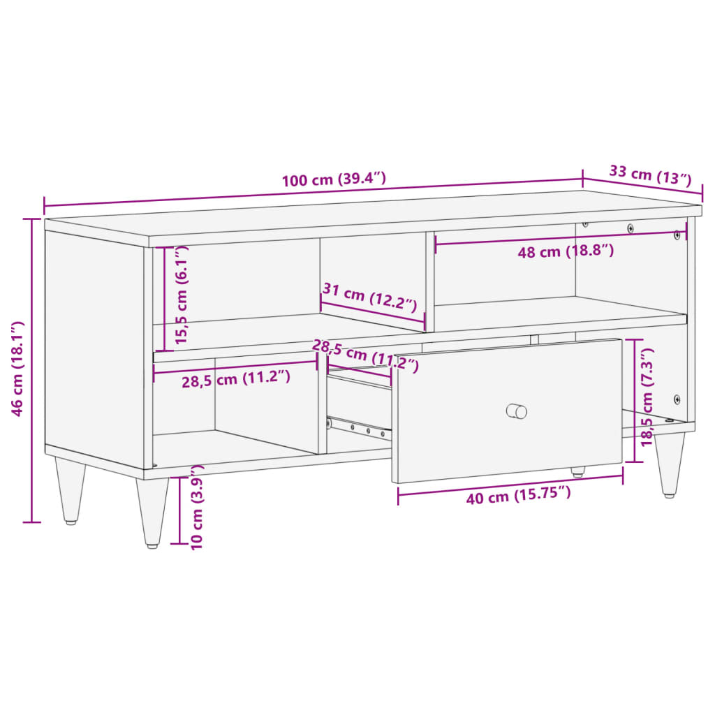tömör mangófa TV-szekrény 100 x 33 x 46 cm