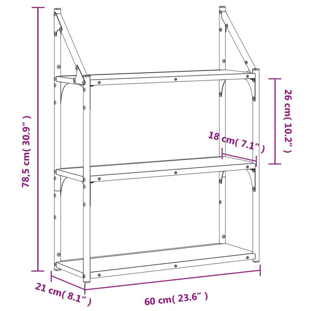 3 szintes sonoma tölgy színű szerelt fa fali polc 60x21x78,5 cm