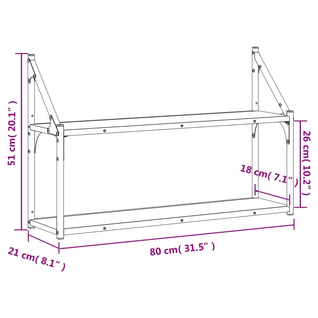 2 szintes füstös tölgy színű szerelt fa fali polc 80x21x51 cm