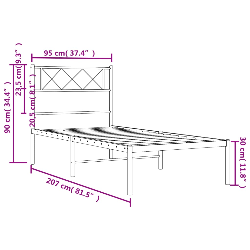 fekete fém ágykeret fejtámlával 90 x 200 cm