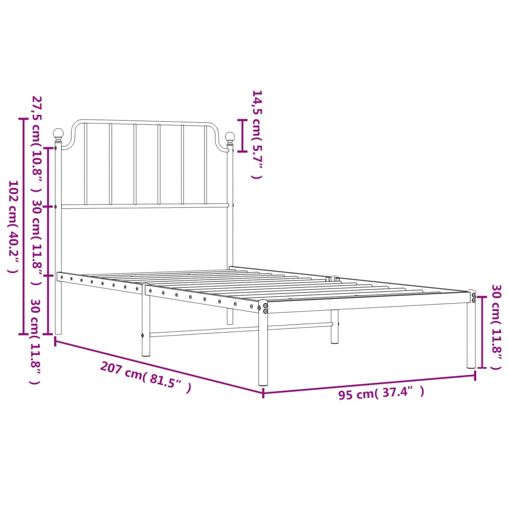 fekete fém ágykeret fejtámlával 90 x 200 cm