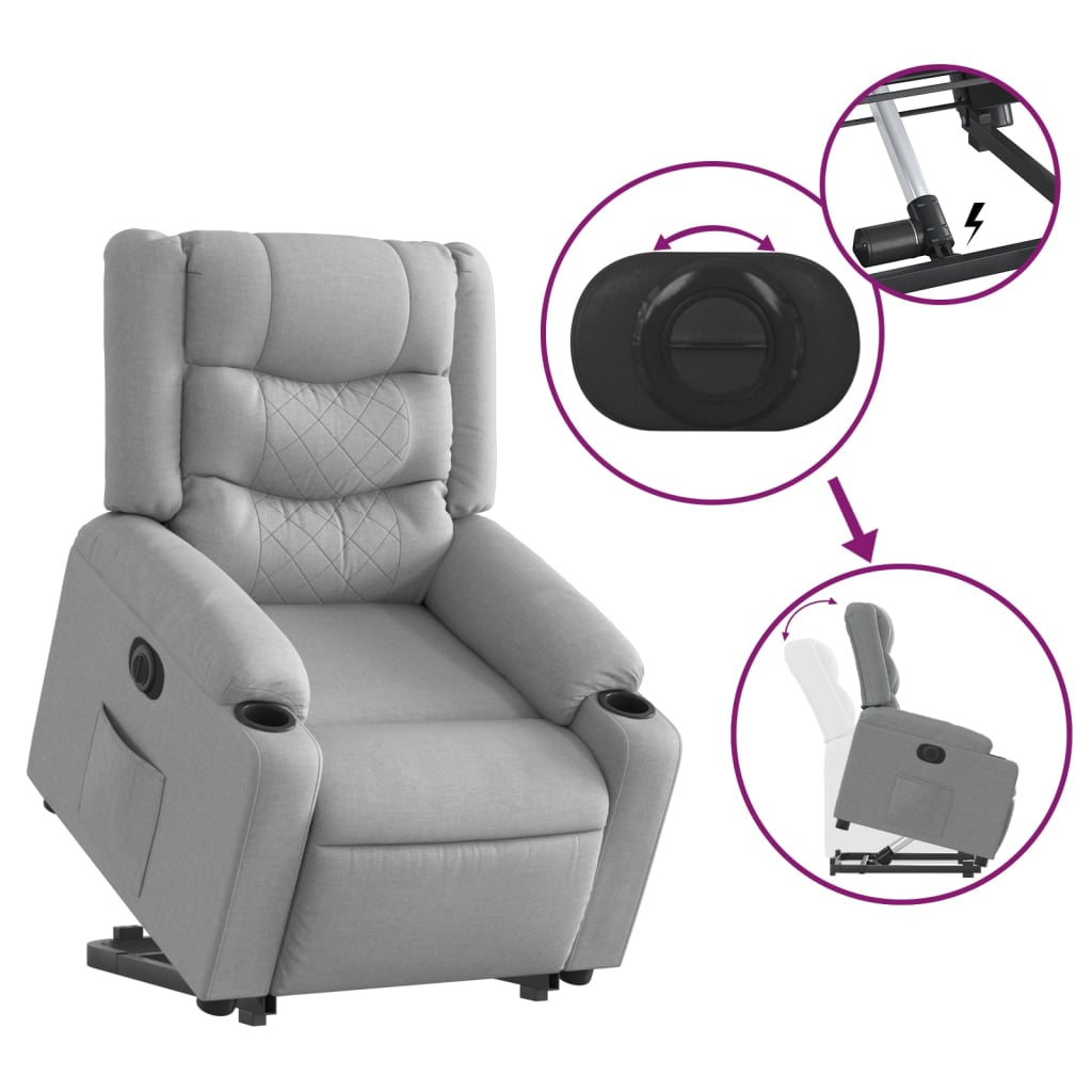 elektromos felállást segítő világosszürke szövet dönthető fotel