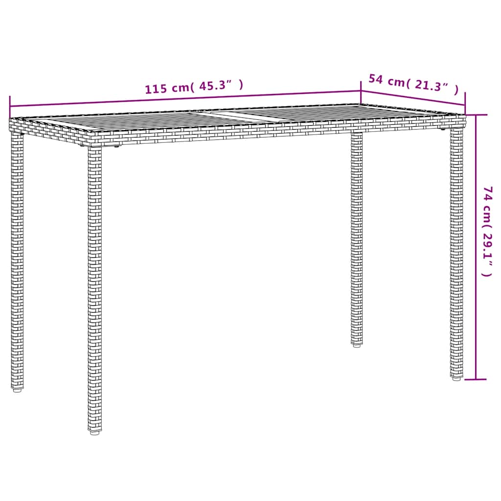 fekete polyrattan akácfa lapos kerti asztal 115x54x74 cm