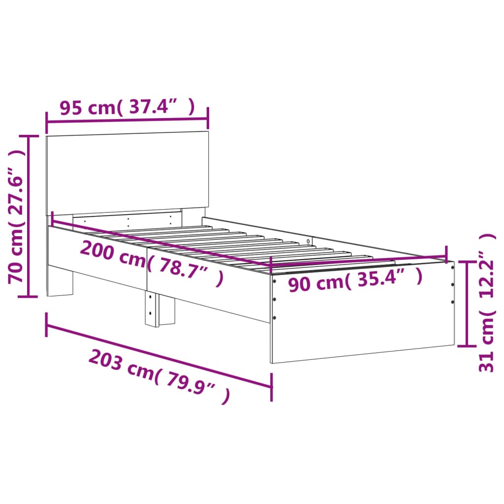 betonszürke szerelt fa ágykeret fejtámlával 90 x 200 cm