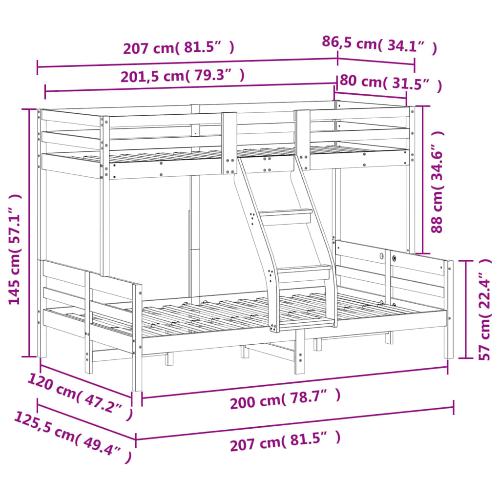 tömör fenyőfa emeletes ágy 80x200/120x200 cm