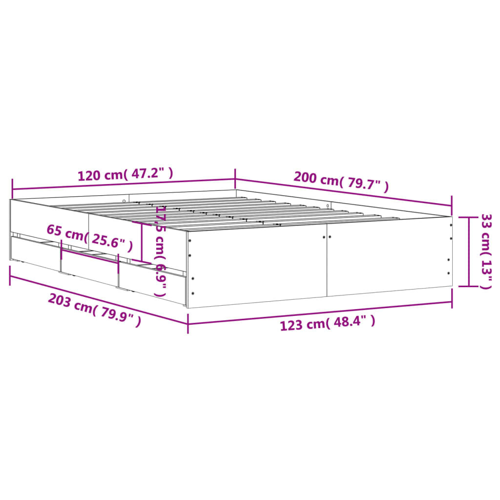 sonoma tölgy színű szerelt fa ágykeret fiókokkal 120 x 200 cm