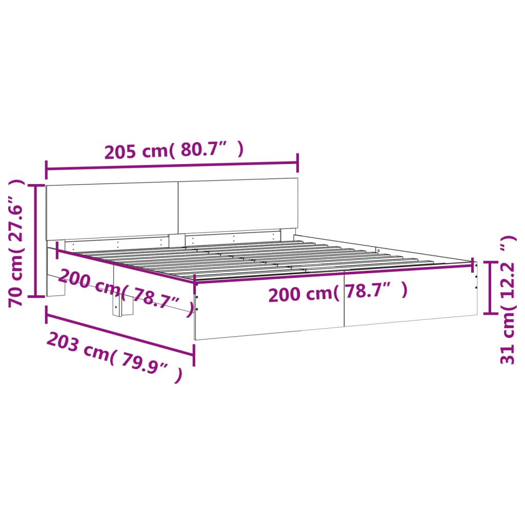 szürke sonoma tölgy színű ágykeret fejtámlával 200 x 200 cm