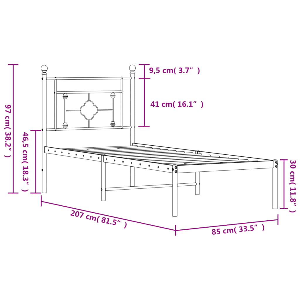 fekete fém ágykeret fejtámlával 80 x 200 cm