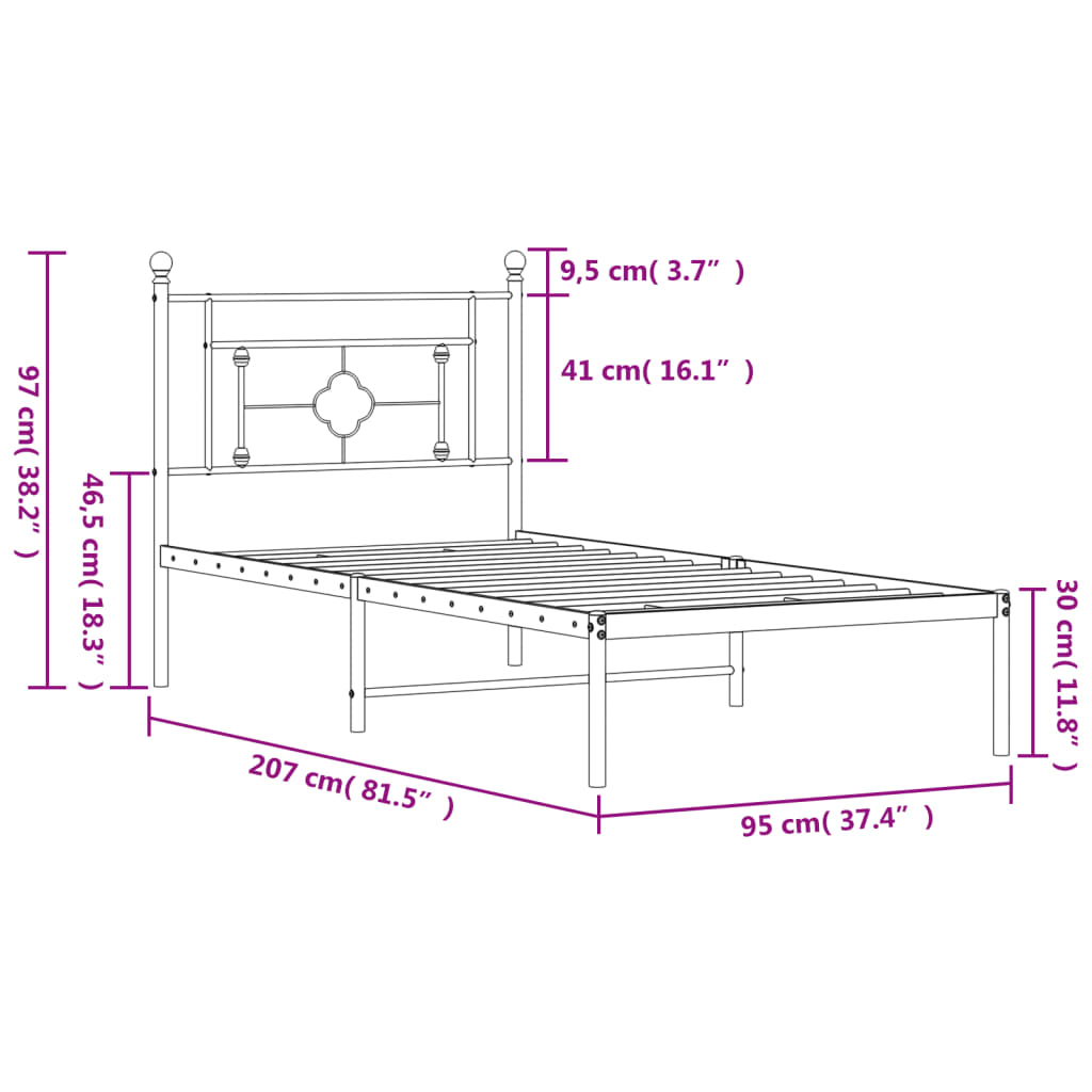fekete fém ágykeret fejtámlával 90 x 200 cm