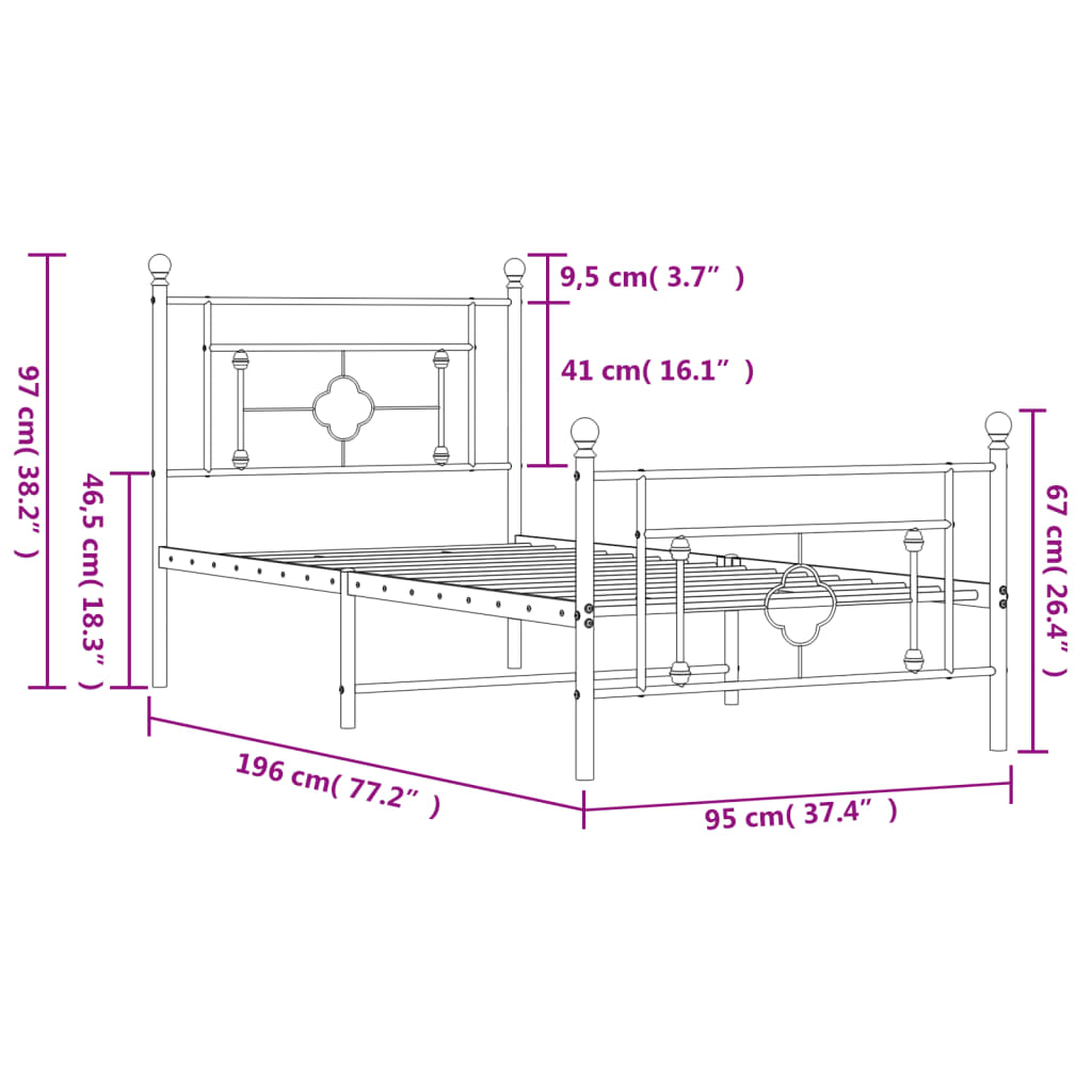 fekete fém ágykeret fej- és lábtámlával 90 x 190 cm