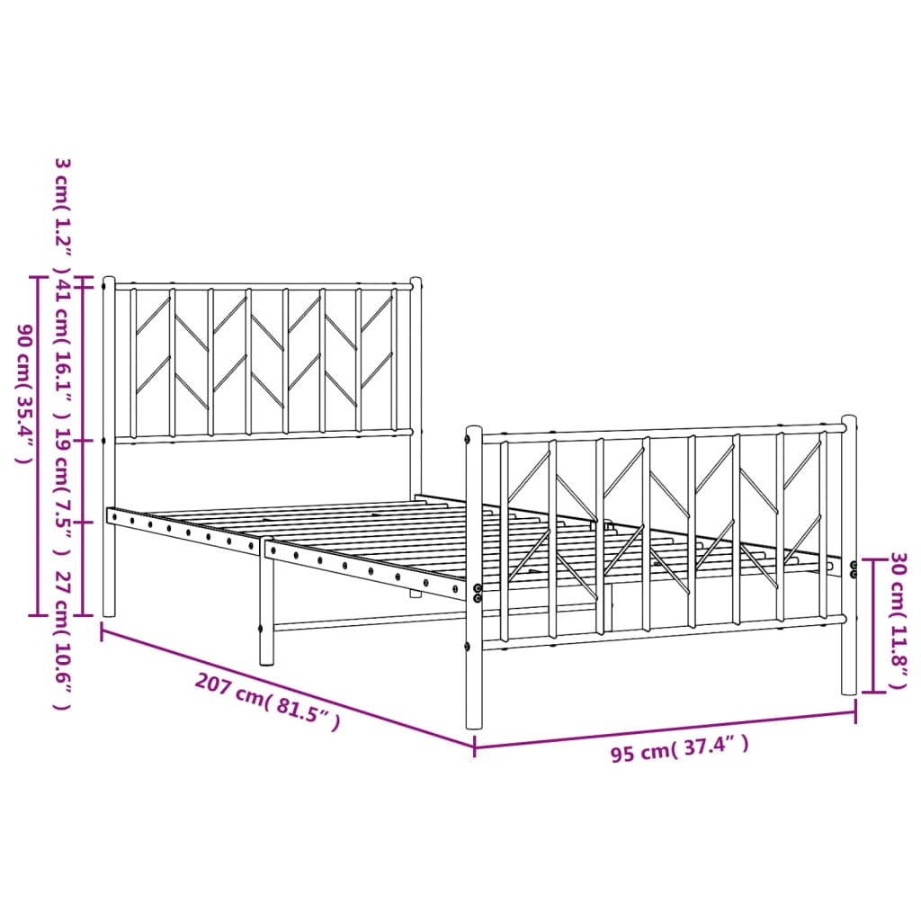 fekete fém ágykeret fej- és lábtámlával 90 x 200 cm