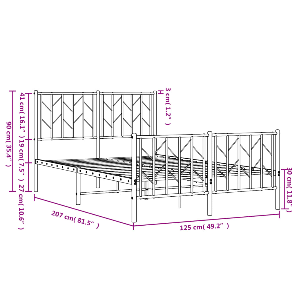 fekete fém ágykeret fej- és lábtámlával 120 x 200 cm