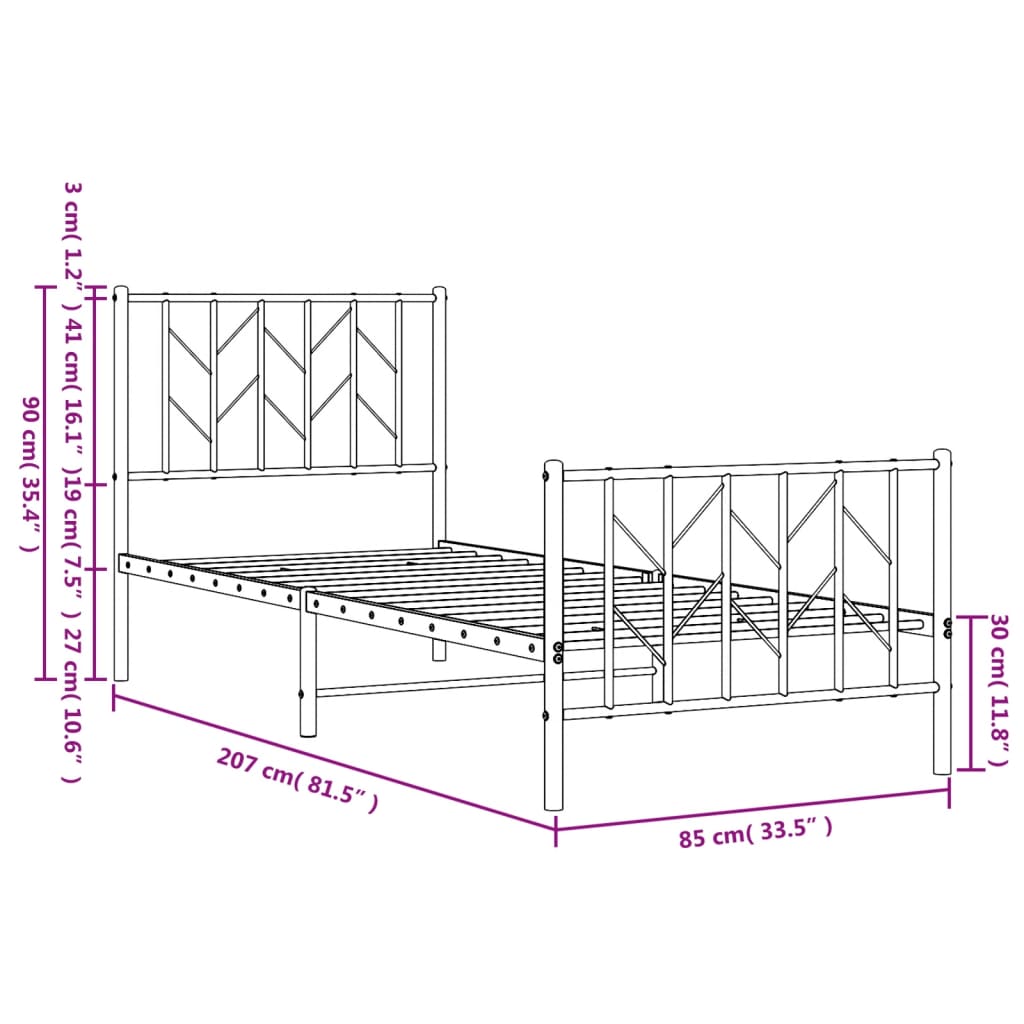 fehér fém ágykeret fej- és lábtámlával 80 x 200 cm