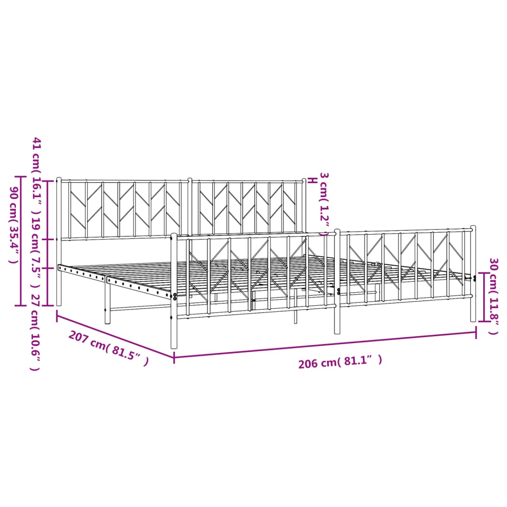 fehér fém ágykeret fej- és lábtámlával 200 x 200 cm