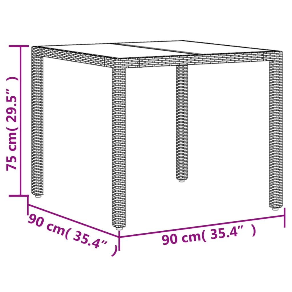 fekete polyrattan üveglapos kerti asztal 90 x 90 x 75 cm