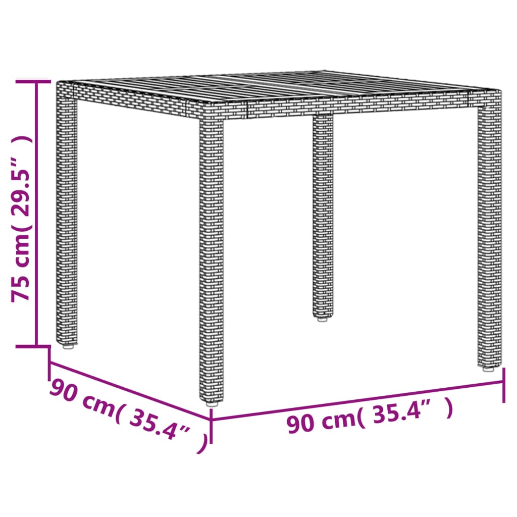 fekete polyrattan kerti asztal akácfa lappal 90 x 90 x 75 cm