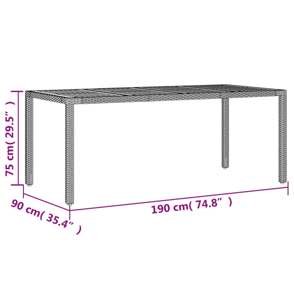 szürke polyrattan kerti asztal akácfa lappal 190 x 90 x 75 cm