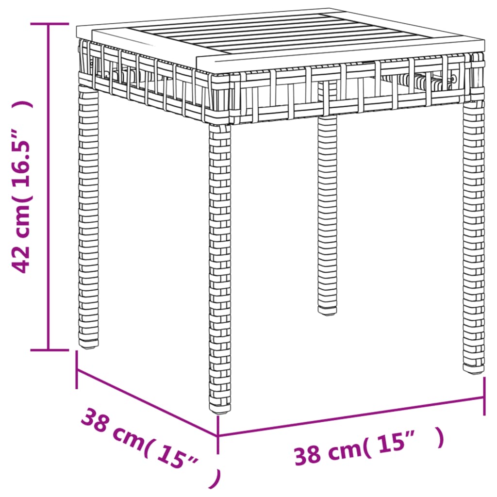 fekete polyrattan és akácfa kerti asztal 38 x 38 x 42 cm