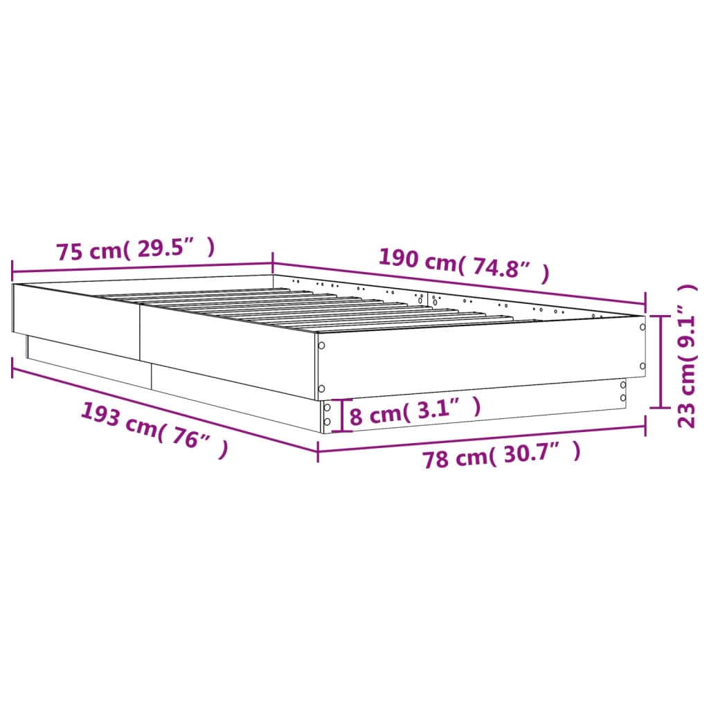 füstös tölgy színű szerelt fa ágykeret matrac nélkül 75x190 cm