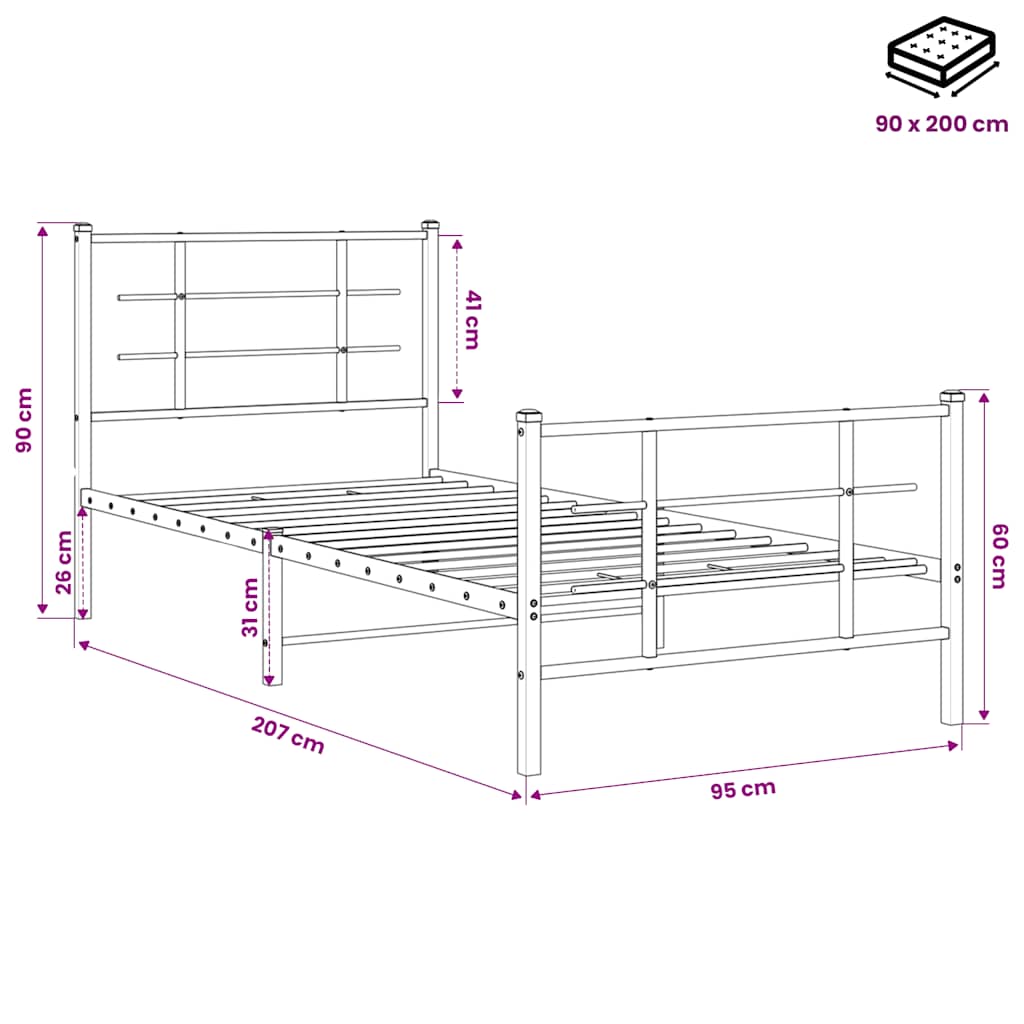 fekete fém ágykeret fej- és lábtámlával 90 x 200 cm