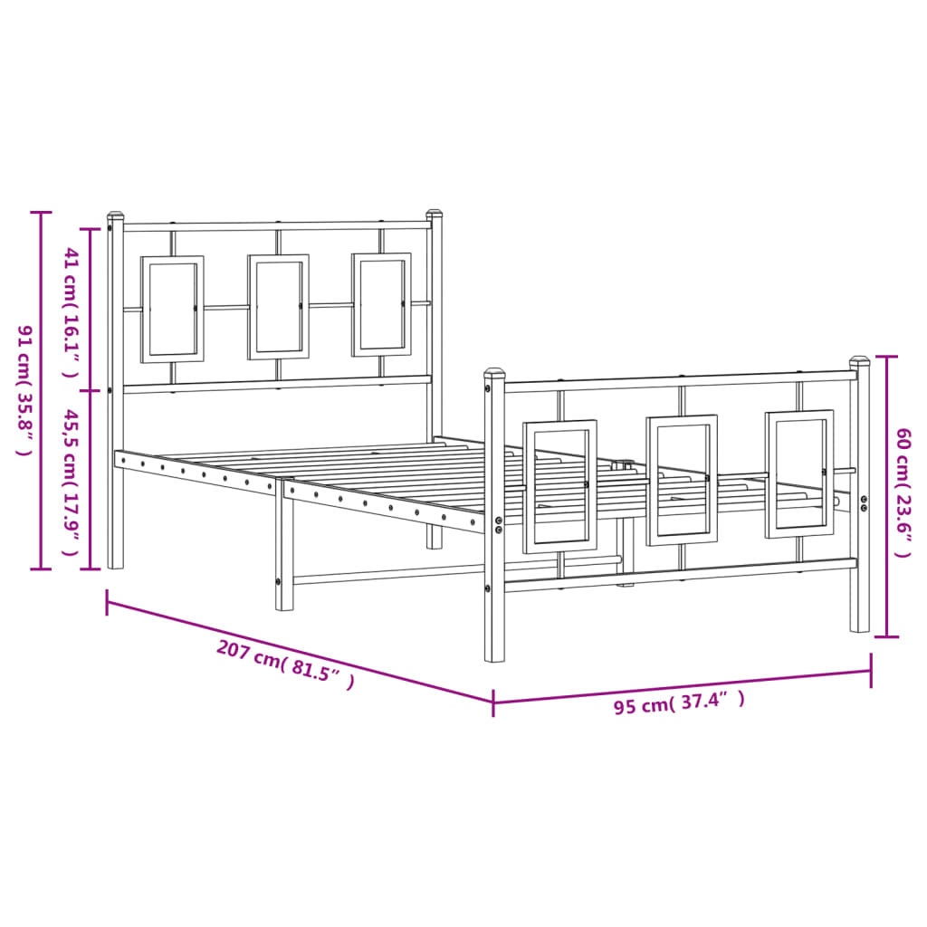 fehér fém ágykeret fej- és lábtámlával 90x200 cm