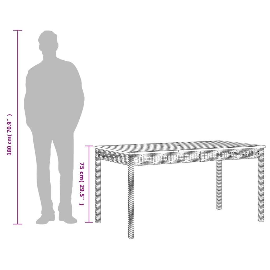 fekete polyrattan és akácfa kerti asztal 140 x 80 x 75 cm