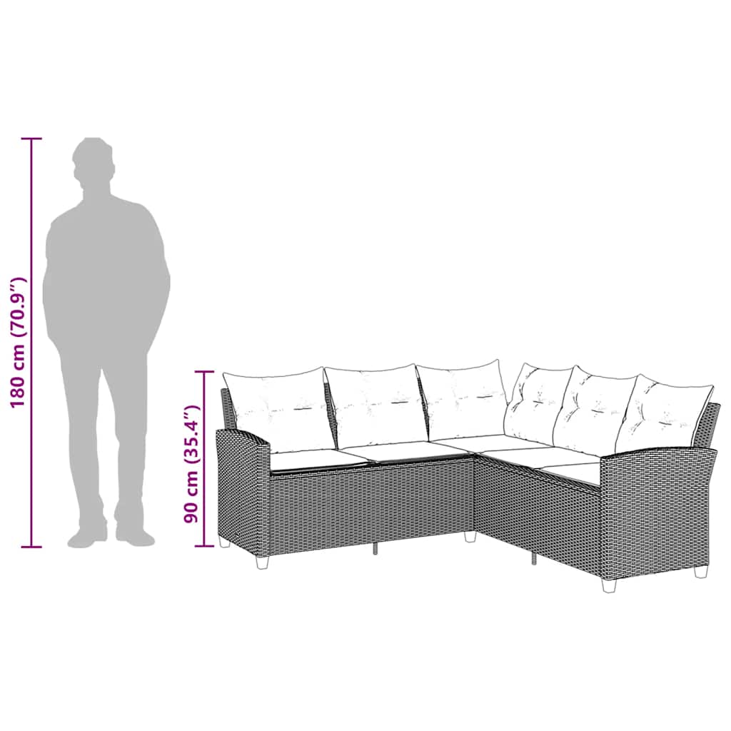 szürke polyrattan L-alakú kanapé párnákkal