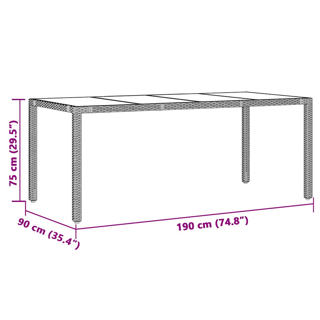fekete polyrattan üveglapos kerti asztal 190 x 90 x 75 cm