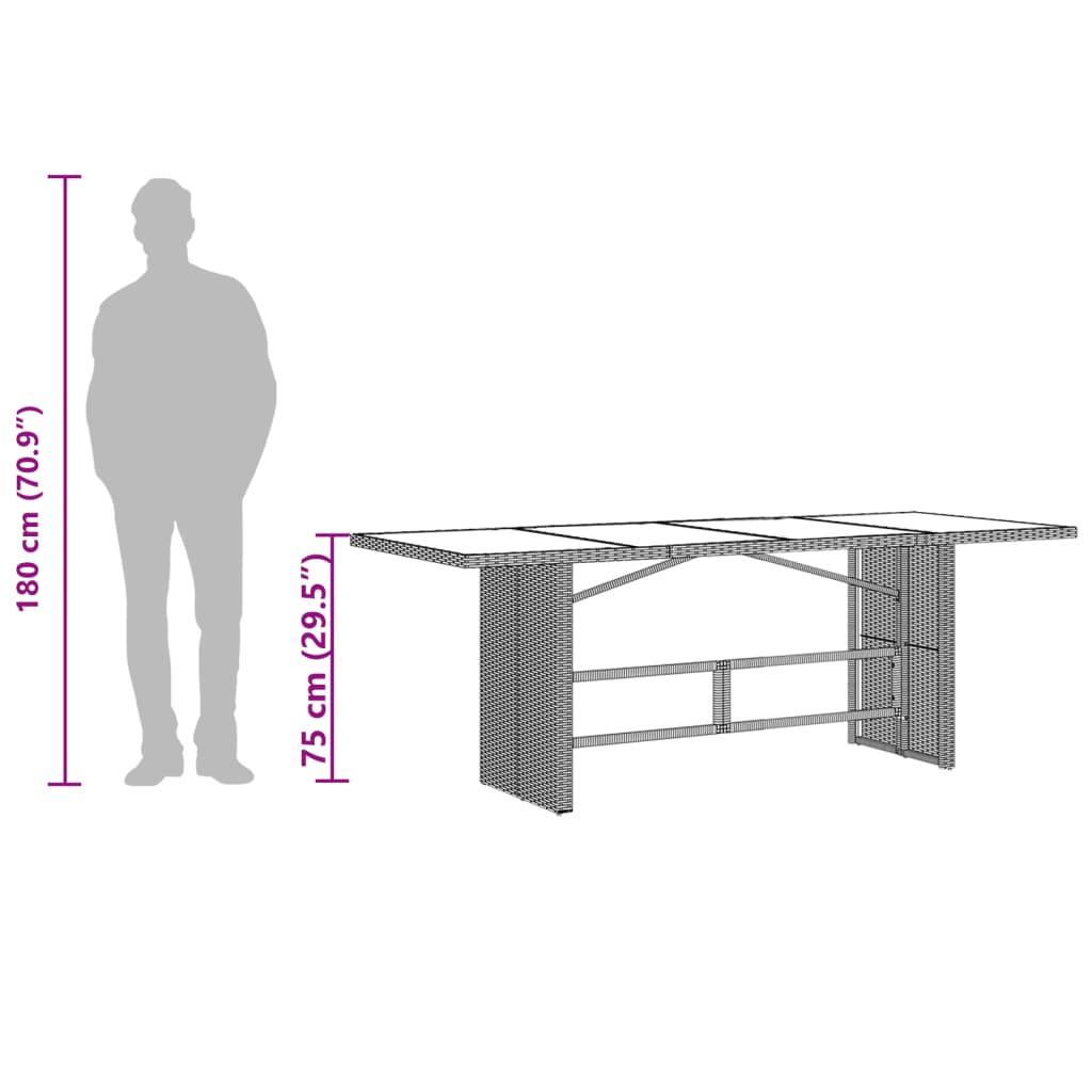barna polyrattan üveglapos kerti asztal 190x80x75 cm