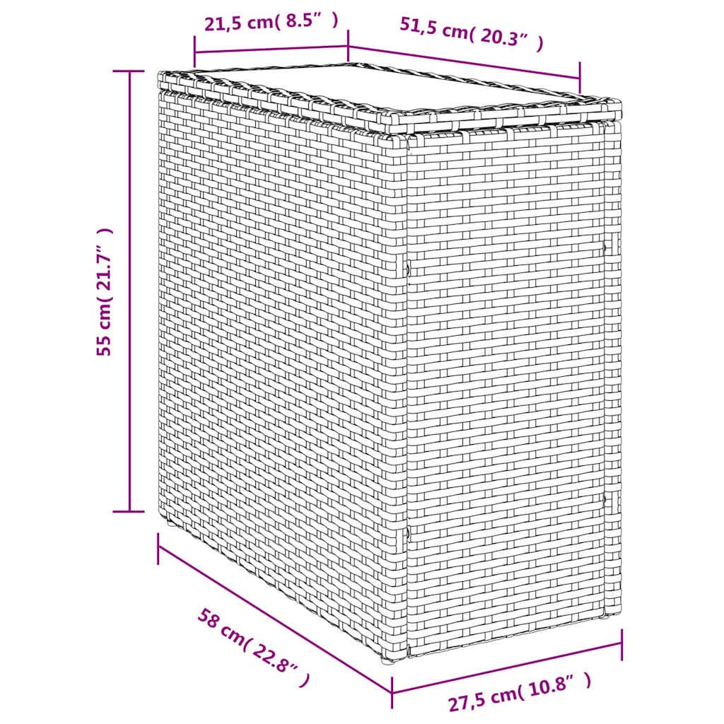 fekete polyrattan üveglapos kerti kisasztal 58 x 27,5 x 55 cm