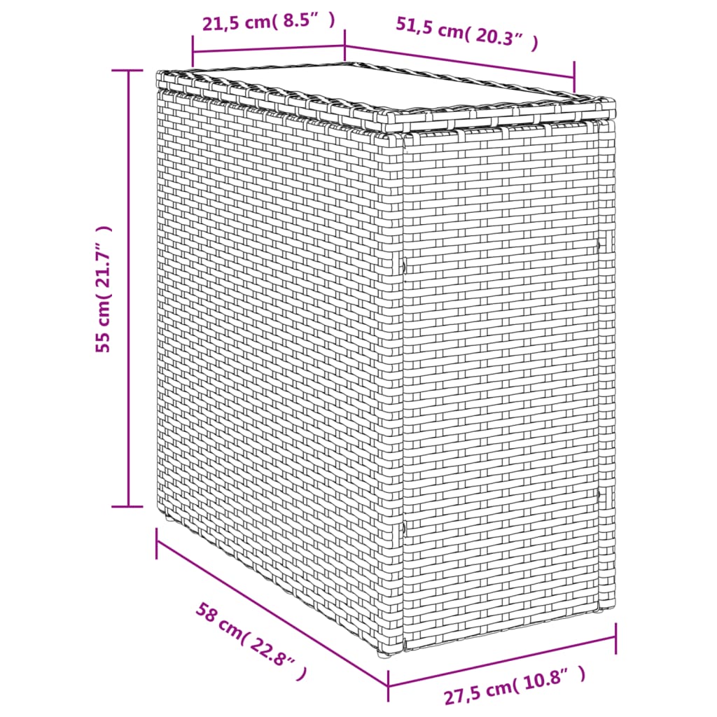 szürke polyrattan kerti kisasztal üveg lappal 58 x 27,5 x 55 cm