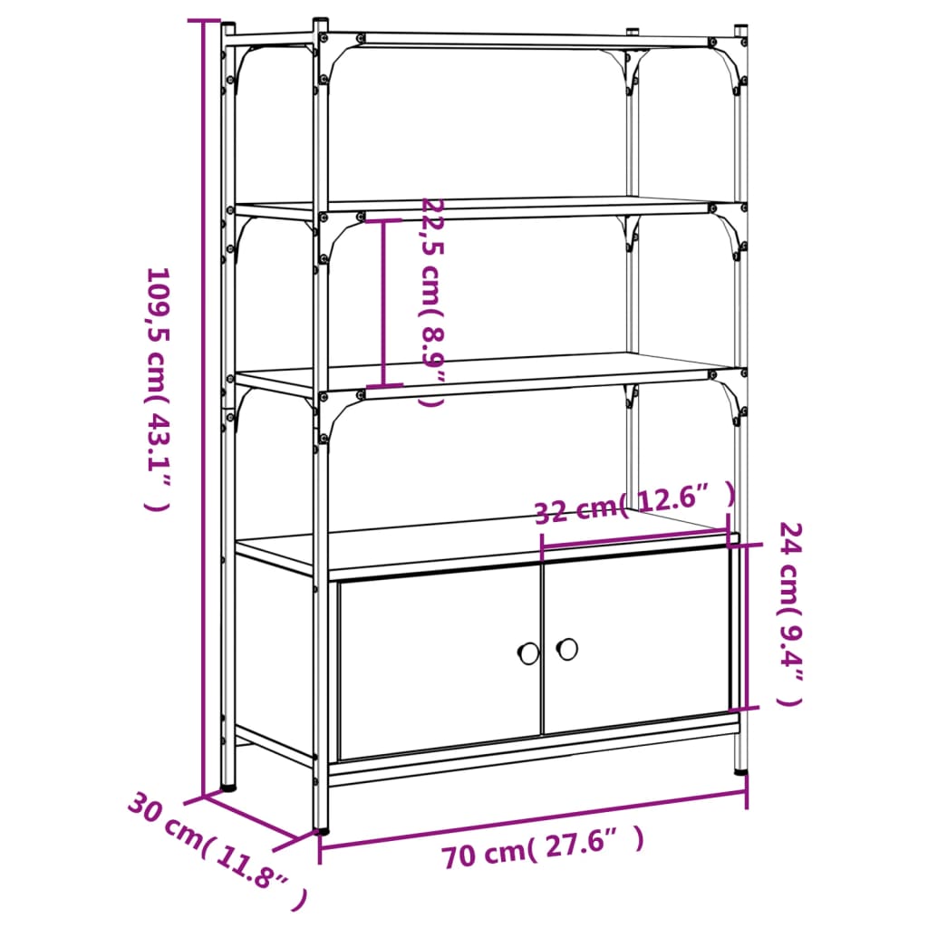 3 szintes füstös tölgy szerelt fa könyvespolc 70x30x109,5 cm