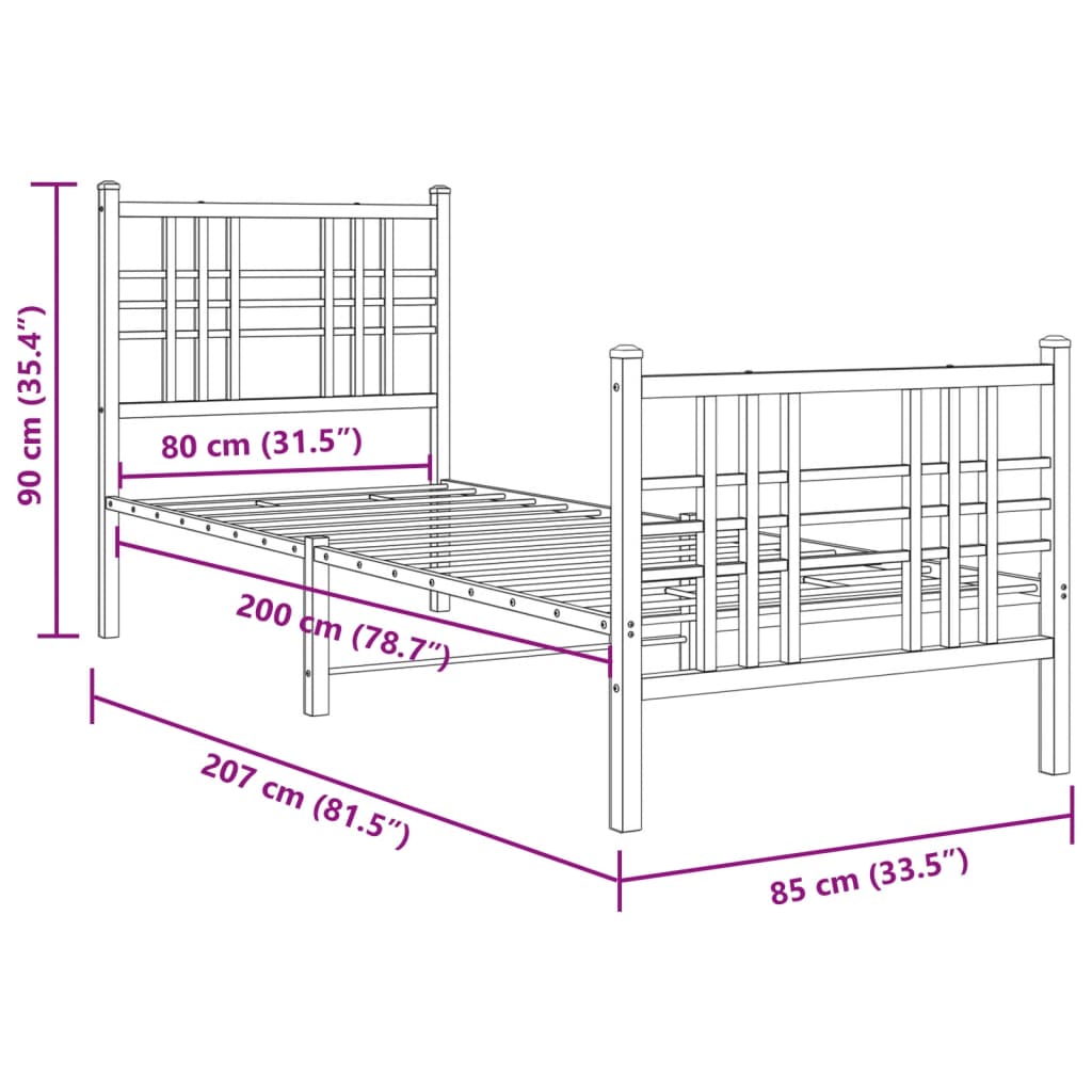 fekete fém ágykeret fej- és lábtámlával 80 x 200 cm