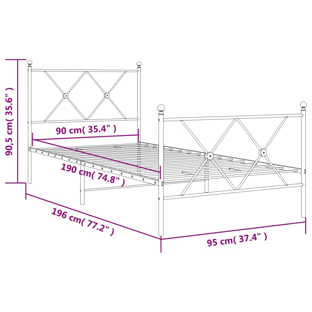 fekete fém ágykeret fej- és lábtámlával 90 x 190 cm