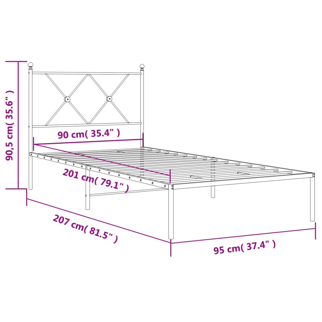 fehér fém ágykeret fejtámlával 90x200 cm