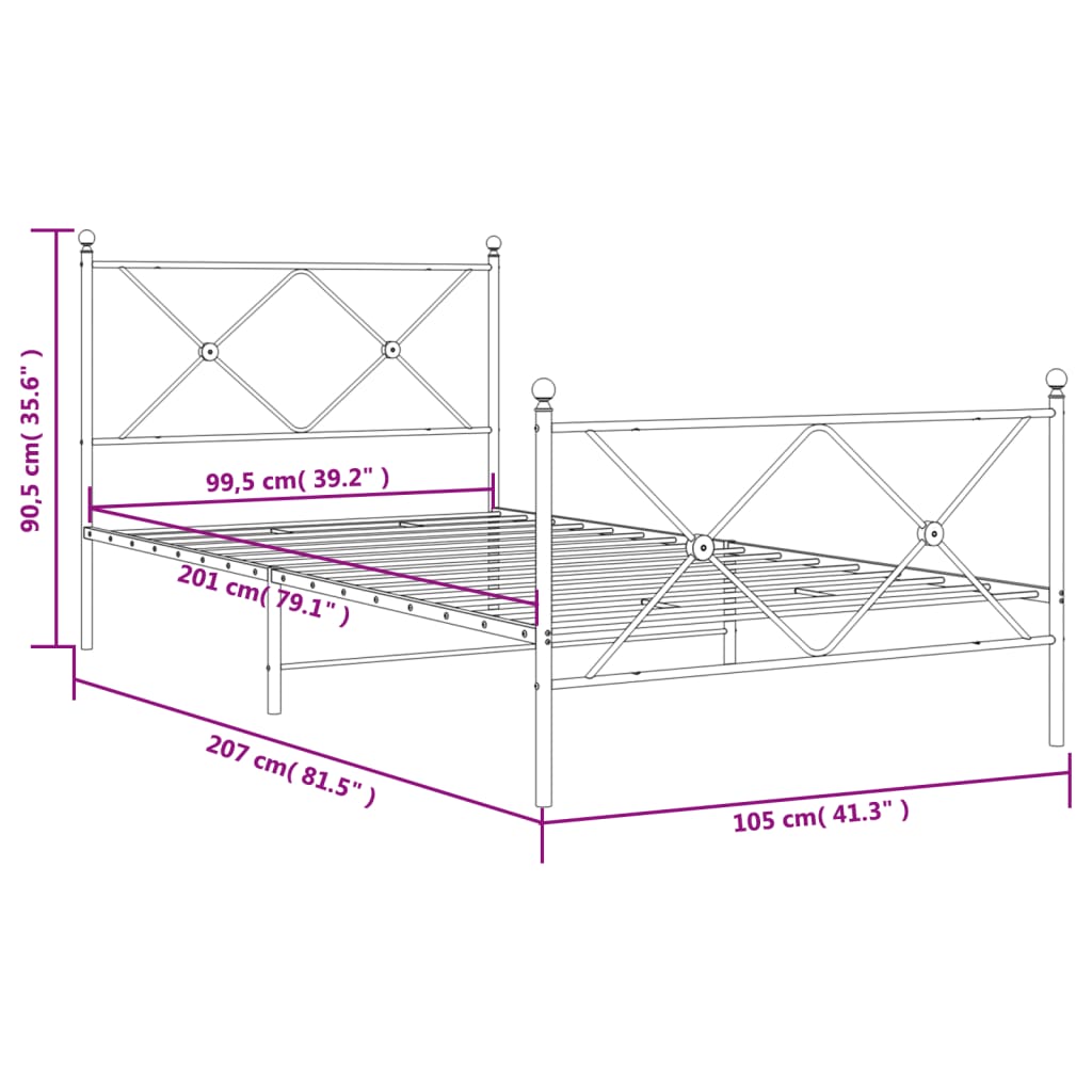 fehér fém ágykeret fej- és lábtámlával 100x200 cm