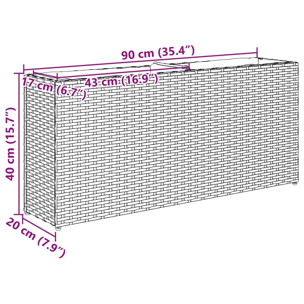 barna polyrattan kerti ültetőláda 2 cseréppel 90x20x40 cm