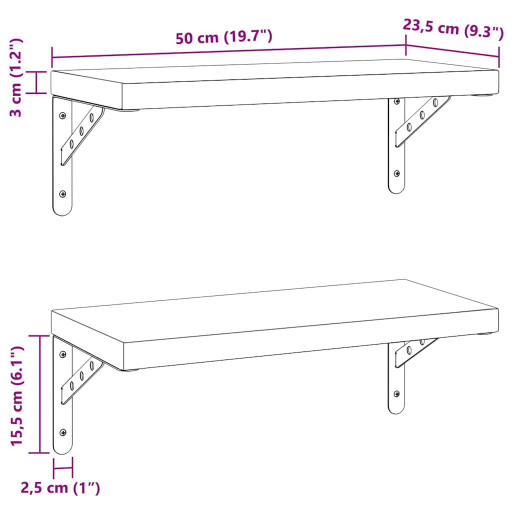 2 db ezüstszínű rozsdamentes acél fali polc 50 x 23,5 cm