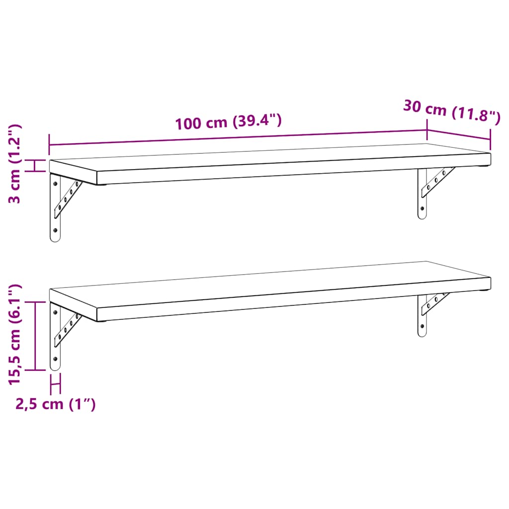 2 db fekete rozsdamentes acél fali polc 100 x 30 cm