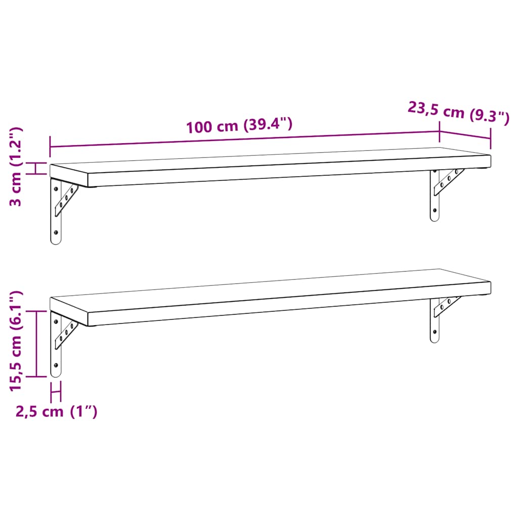 2 db fekete rozsdamentes acél fali polc 100 x 23,5 cm