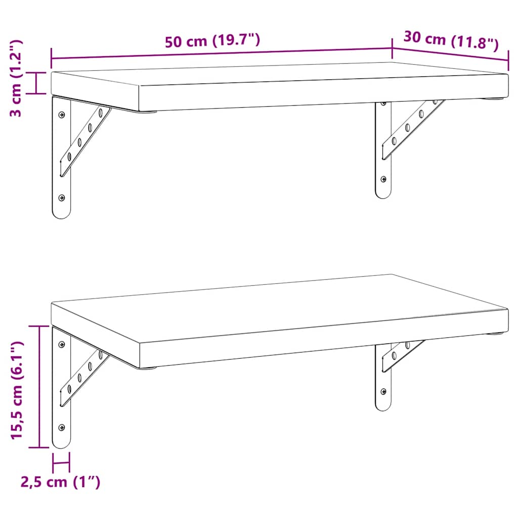 2 db fekete rozsdamentes acél fali polc 50 x 30 cm