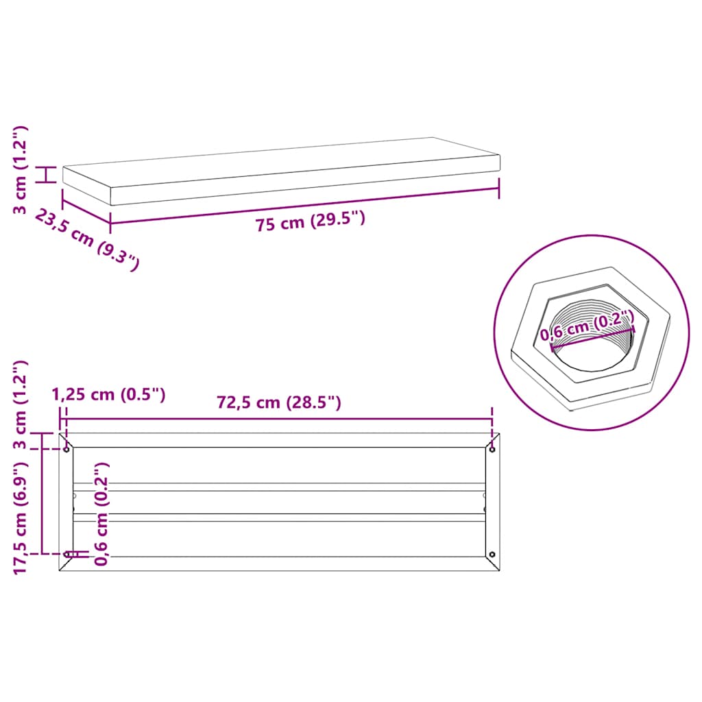 2 db fekete rozsdamentes acél fali polc 75 x 23,5 cm