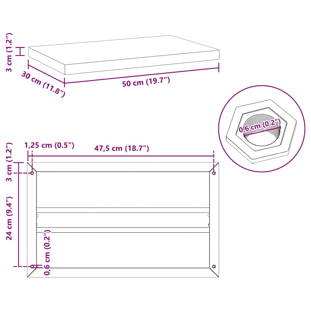 2 db fekete rozsdamentes acél fali polc 50 x 30 cm