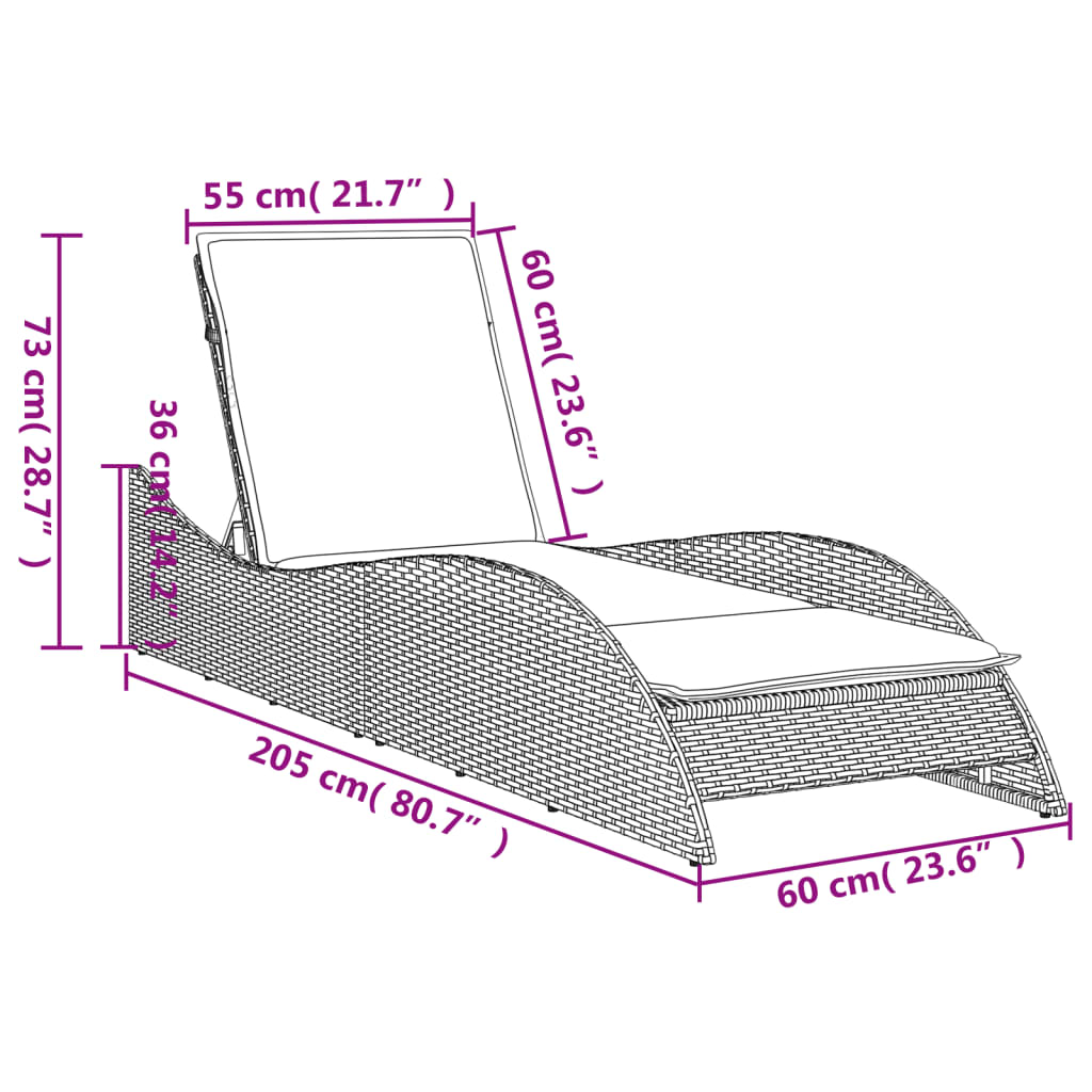 barna polyrattan napozóágy párnával 60x205x73 cm