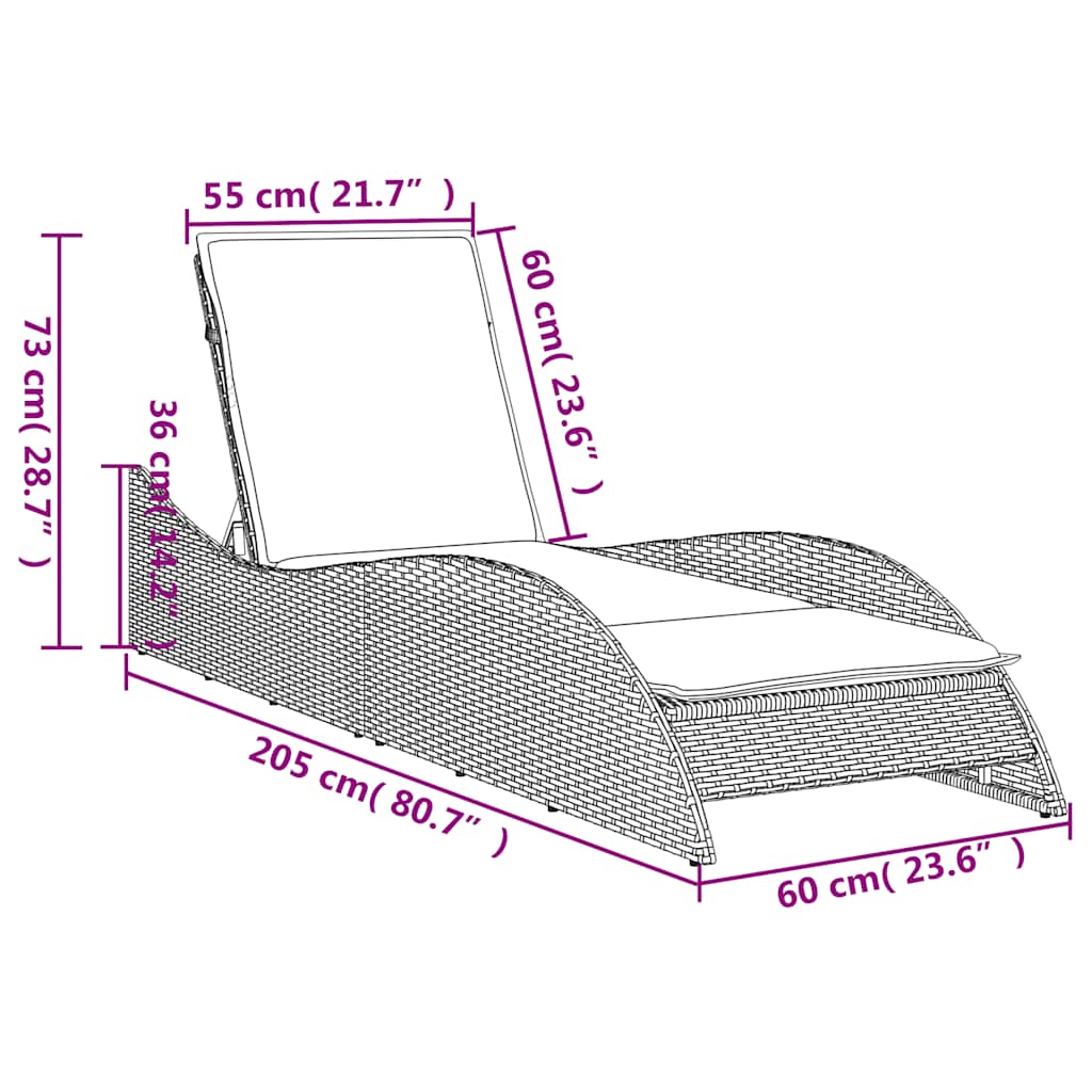 barna polyrattan napozóágy párnával 60 x 205 x 73 cm