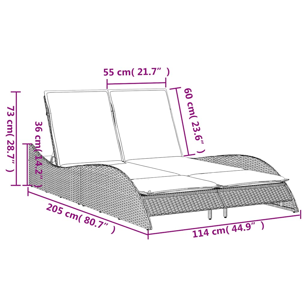 szürke polyrattan napozóágy párnákkal 114 x 205 x 73 cm