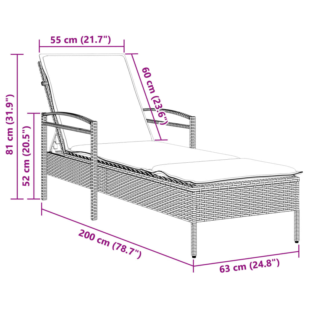 bézs polyrattan napozóágy párnával 63x200x81 cm